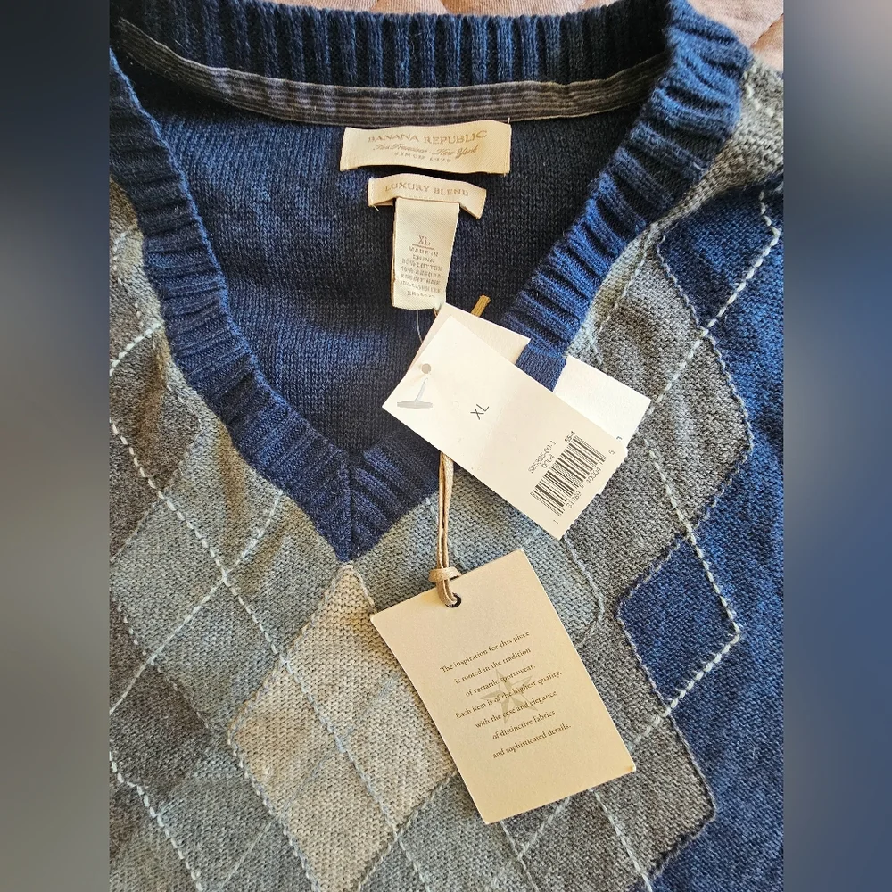 Banana Republic NWT Cotton Angora Cashmere Blend Preppy Poet Argyle Sweater SzXL